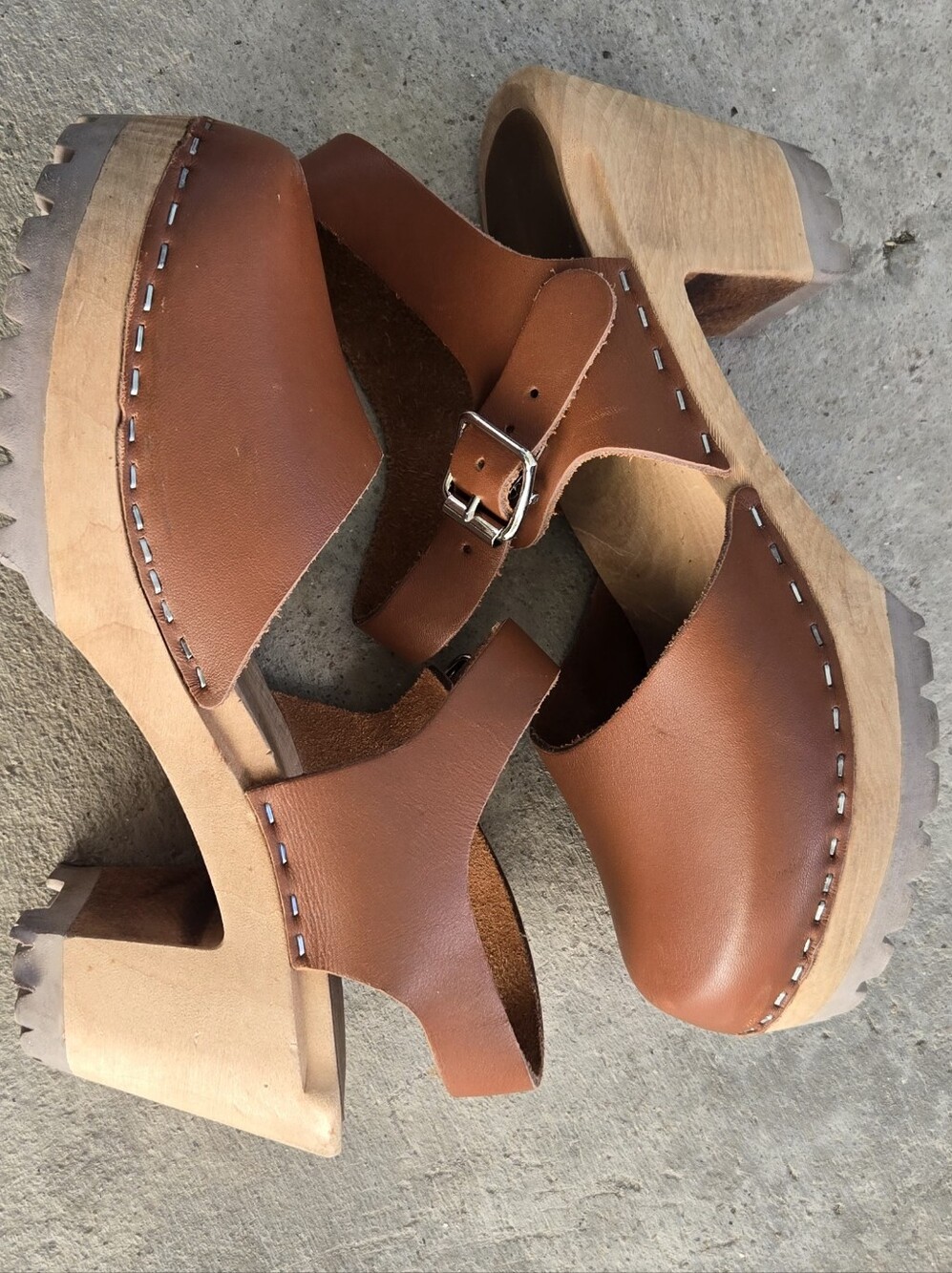MIA Chestnut Brown Leather Clog Sandals with Buckle Strap - Picture 7 of 9